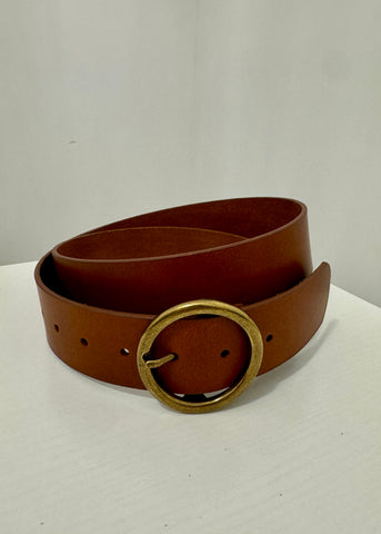 Wide Brass-Toned Single Ring Buckle Leather Belt