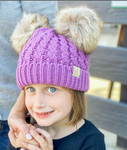 Kids Cable Knit Double Pom Beanie